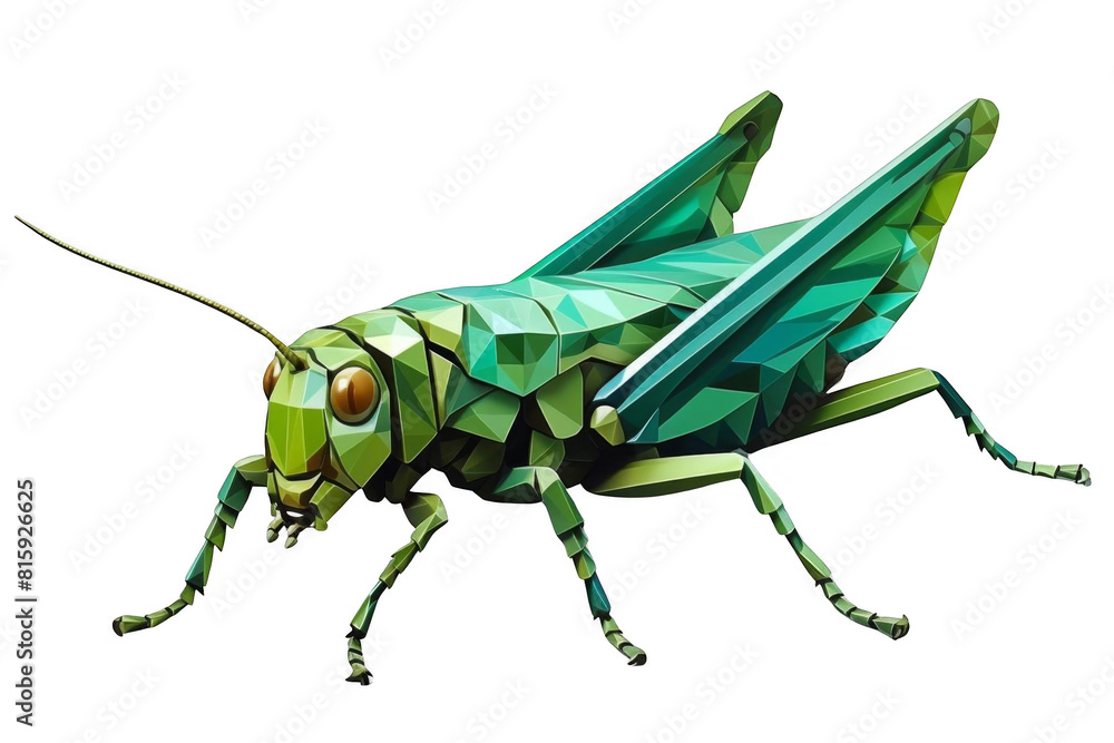 A green grasshopper with blue wings in faceted glass style on black background. A green grasshopper with blue wings in faceted glass style on black background.