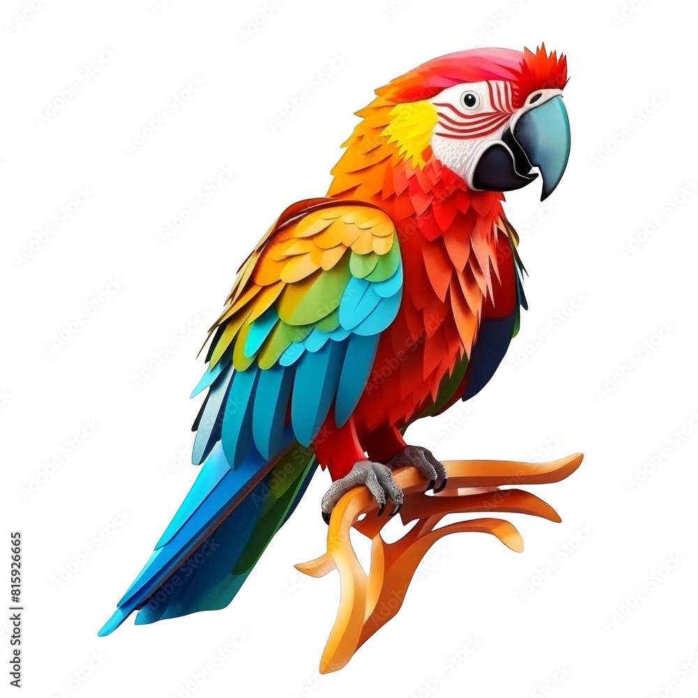 Fototapeta premium A multi-colored parrot is perched on a branch. The parrot has bright red, yellow, blue, and green feathers.