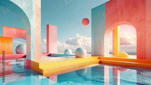 3d Abstract geometric shapes with vibrant colors  floating in a surreal landscape