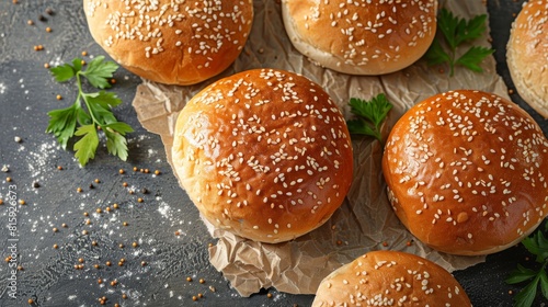 Top view of gluten-free burger buns made with rice flour, almond flour, and tapioca flour, ideal for those with gluten sensitivities, isolated background, studio lighting