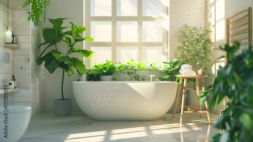 Stylish bathroom interior with beautiful tub stool and houseplants   Generative AI
