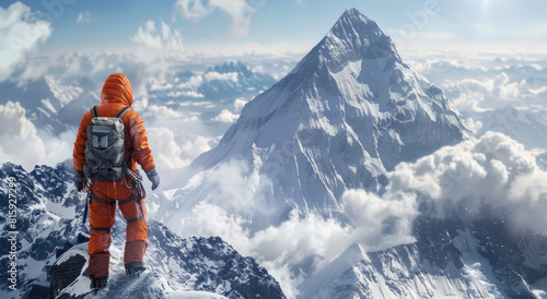 The back of an mountaineer in orange suit, climbing the top mountain with snow and clouds around him © Kien