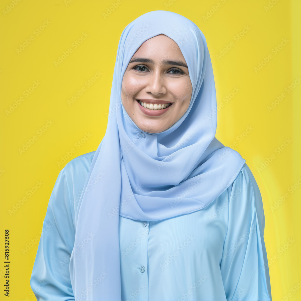 Smiling Muslim woman in blue hijab on yellow background
Smiling Muslim woman in blue hijab on yellow background