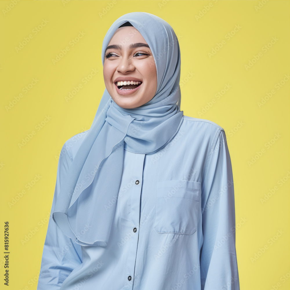 Smiling Muslim woman in blue hijab on yellow background
Smiling Muslim woman in blue hijab on yellow background
