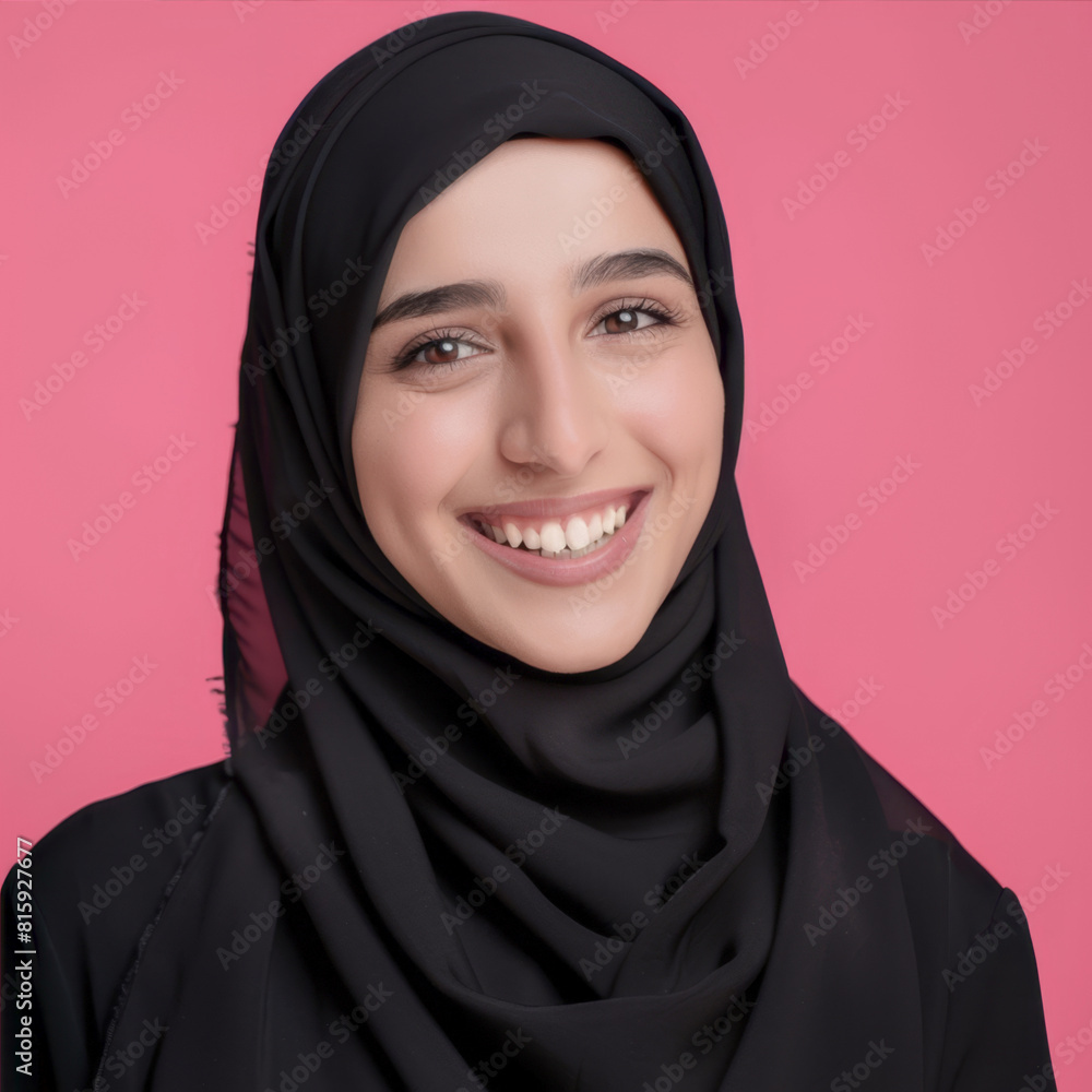 Smiling Muslim woman in black hijab on pink background
Smiling Muslim woman in black hijab on pink background