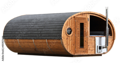 Outdoor wooden barrel sauna