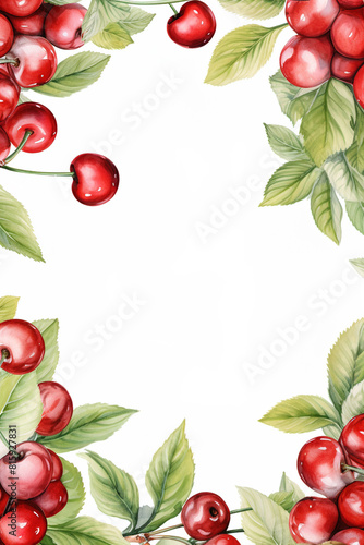 vertical composition watercolor border frame card template of ripe sweet cherry berry with leaves on white background