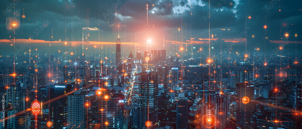 Obraz premium AI-Powered Future World, Image of a future city using artificial intelligence to control various systems, showing the impact of artificial intelligence on the way of life