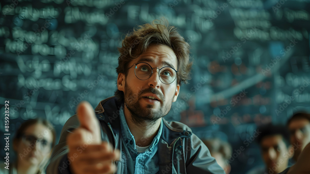 Photo realistic of a Teacher using enthusiastic gestures to explain a concept in class with positive body language for effective teaching in an educational setting Photo realistic of a Teacher using enthusiastic gestures to explain a concept in class with positive body language for effective teaching in an educational setting