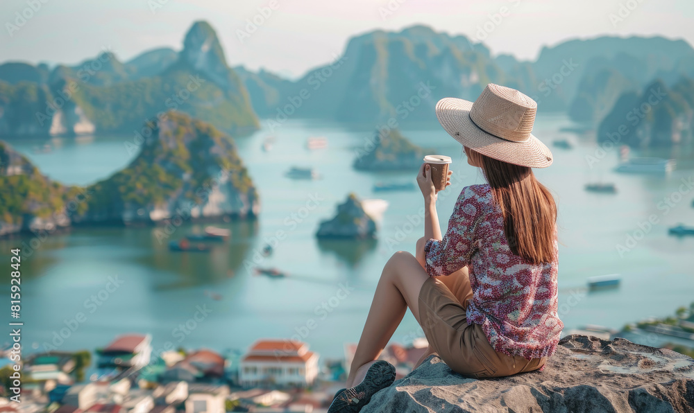 A girl sitting on the top of Ha Long Bay mountain, looking at beautiful islands and sea in fairyland view, surrounded by floating ships.