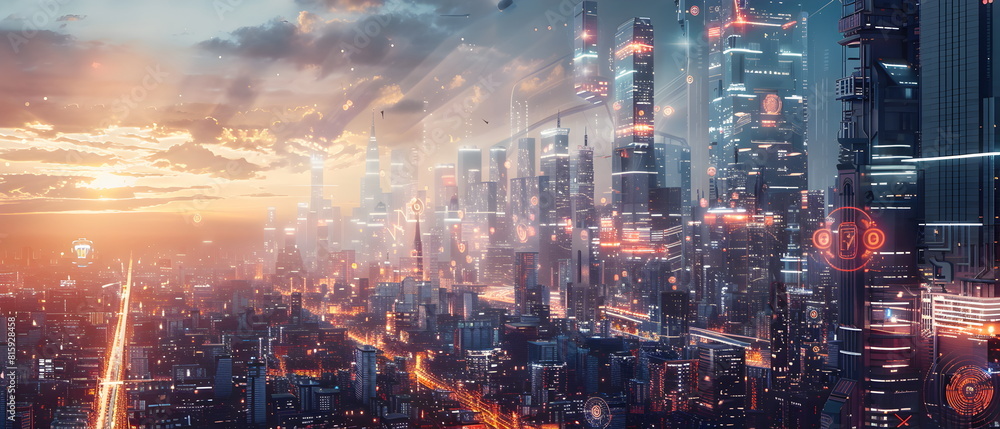 AI-Powered Future World, Image of a future city using artificial intelligence to control various systems, showing the impact of artificial intelligence on the way of life AI-Powered Future World, Image of a future city using artificial intelligence to control various systems, showing the impact of artificial intelligence on the way of life