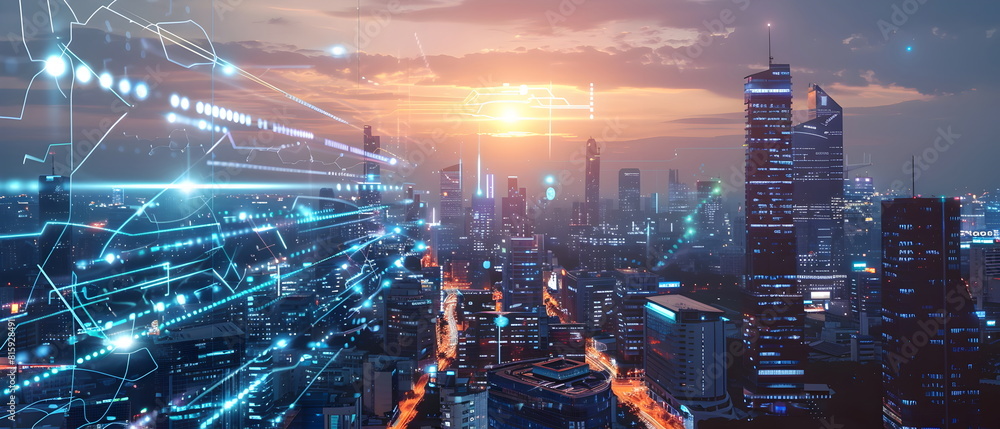 AI-Powered Future World, Image of a future city using artificial intelligence to control various systems, showing the impact of artificial intelligence on the way of life AI-Powered Future World, Image of a future city using artificial intelligence to control various systems, showing the impact of artificial intelligence on the way of life