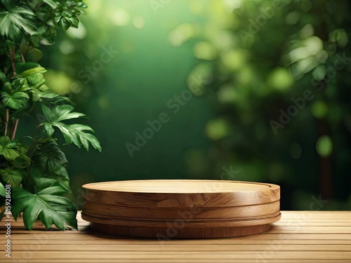 Round wooden 3d product podium with green leaf  Podium wood  Podium Product  Generative Ai