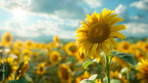 A Vibrant Sunflower Field Under a Bright Summer Sky Symbolizing Joy and Vibrancy with Copyspace for Text Photo