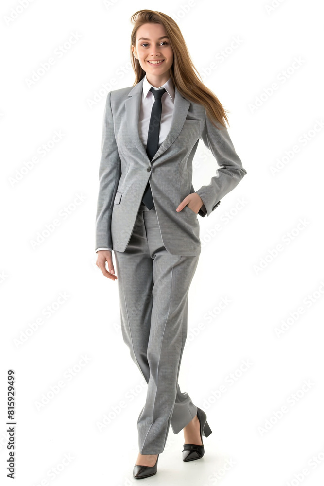 Happy young woman in a gray suit and tie walking towards, captured in a full-body photo. Happy young woman in a gray suit and tie walking towards, captured in a full-body photo.