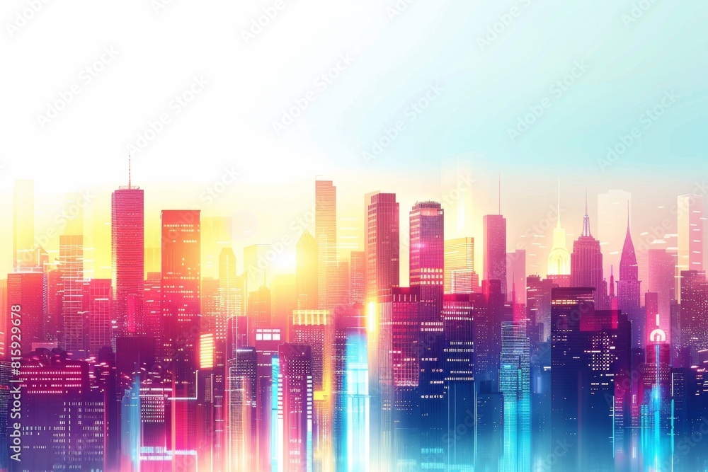 A breathtaking panoramic view of a city skyline at sunset, where colorful lights illuminate the buildings against a clear white background. A breathtaking panoramic view of a city skyline at sunset, where colorful lights illuminate the buildings against a clear white background.