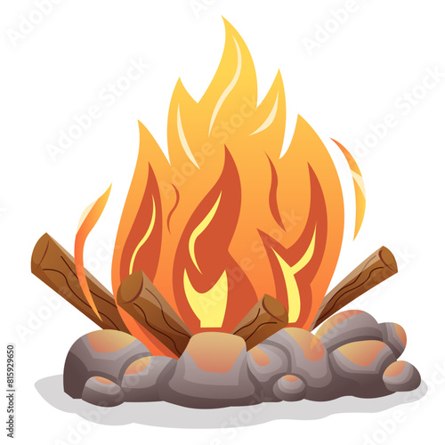 campfire with wood and stone, bonfire vector illustration