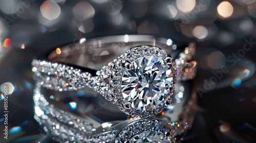 Elegant diamond ring close up portraying love concept in a photograph with a background symbolizing a gift