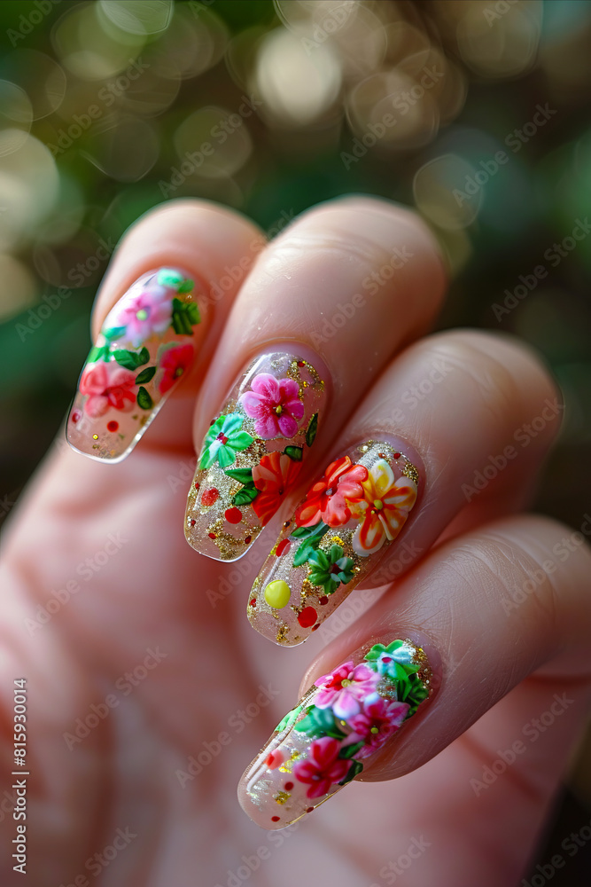 A person holding up a nail with flowers on it. A person holding up a nail with flowers on it.