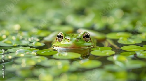curious green tree frog peeking out from lush pond vegetation closeup nature photography