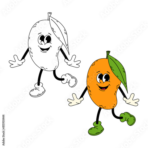 Ripe mango in flat style. Funny mango character. Cartoon retro character in flat and doodle style. Groovy character. Mango.