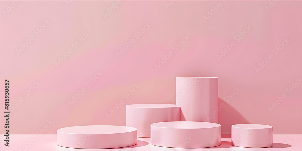 A group of pink containers on a pink background. A group of pink containers on a pink background.