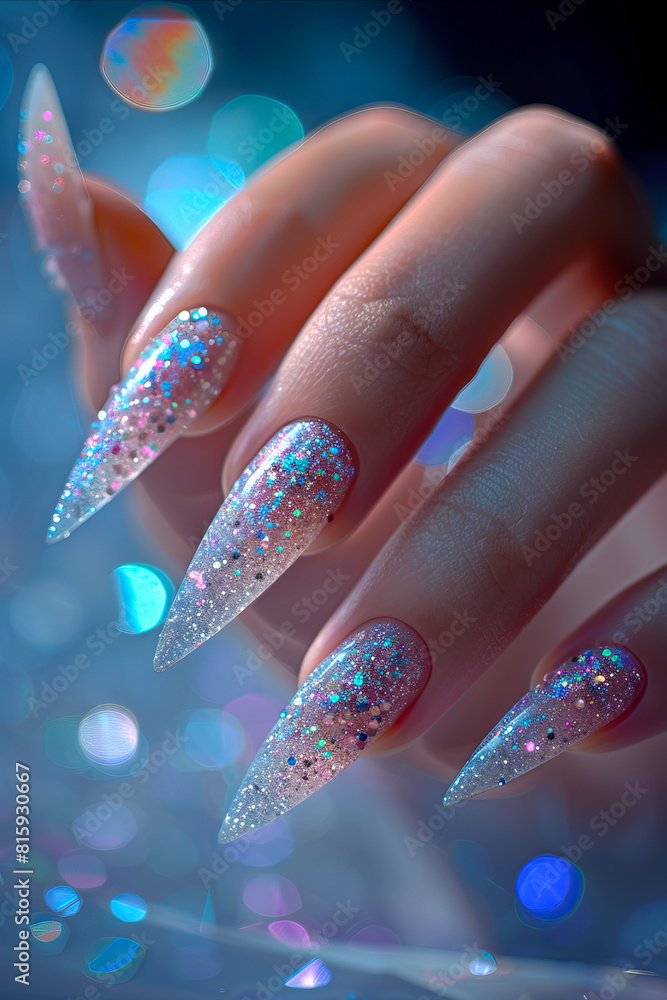 A woman's hand with glittery nails. A woman's hand with glittery nails.