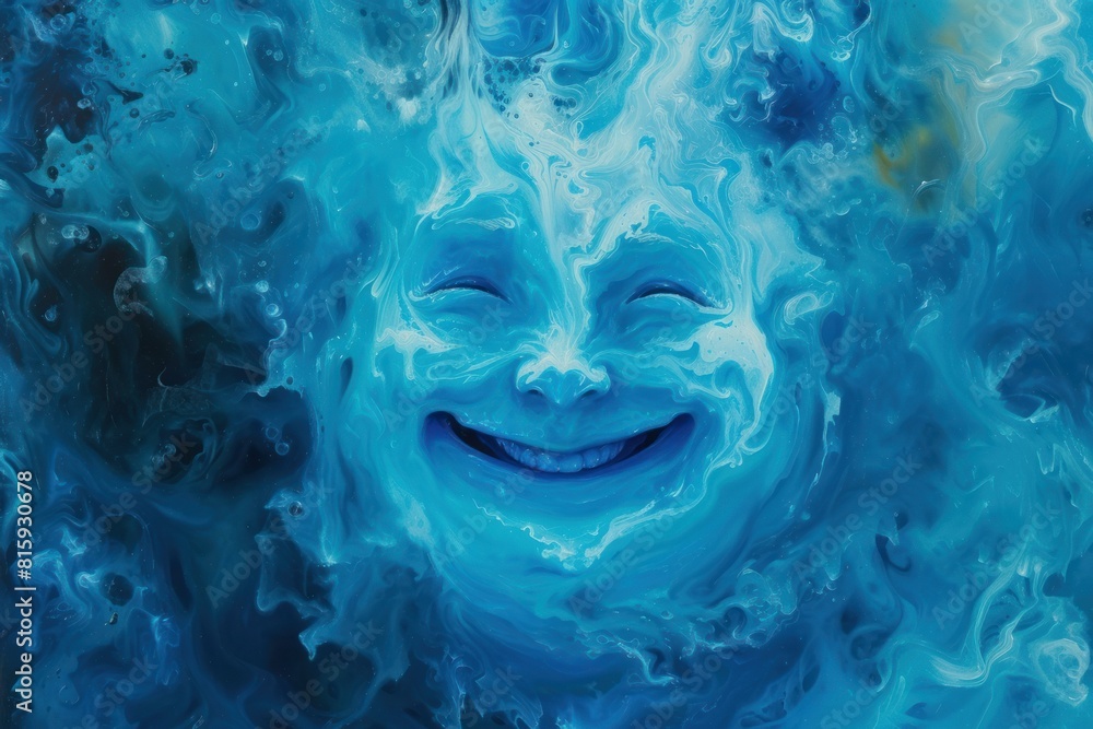 Abstract artwork of a happy face blending with vibrant blue water textures