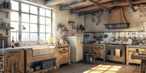 a rustic kitchen with exposed wooden farmhouse sink, and vintage appliances, exuding warmth and charm