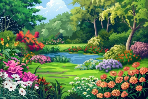 Experience the serenity of a garden filled with colorful blooming flowers, lush green grass, and a peaceful pond.