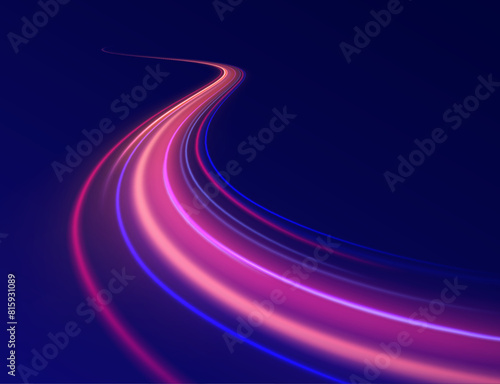 Lines in the shape of a comet against a dark background. Curved light trail stretched upward. Vector Illustration. Illustration of high speed concept.