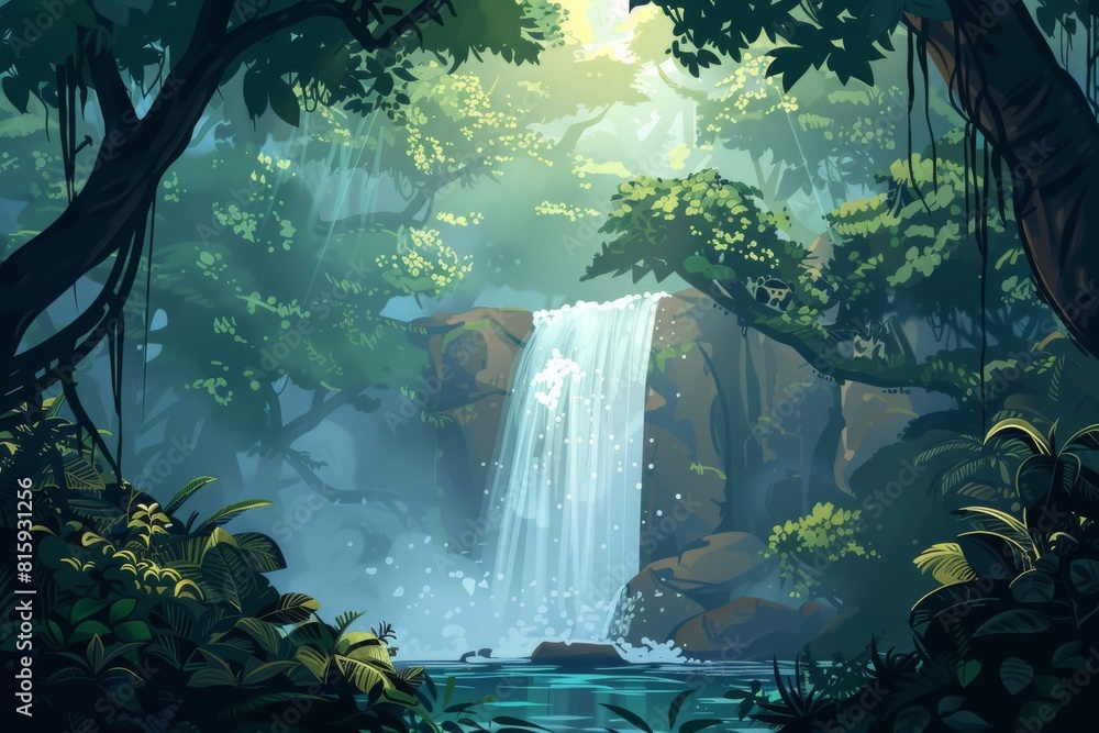 Experience the serenity of a lush tropical rainforest with towering trees and a stunning, cascading waterfall in this captivating illustration.