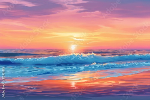 Experience the beauty of a vibrant sunset casting warm hues over a serene beach, where gentle waves create a soothing soundtrack against the shore.