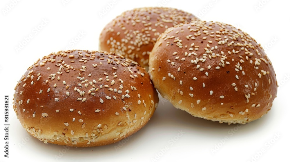High-detail top view of traditional sesame seed buns, perfect for burgers, with a soft texture and slightly sweet flavor, isolated setting