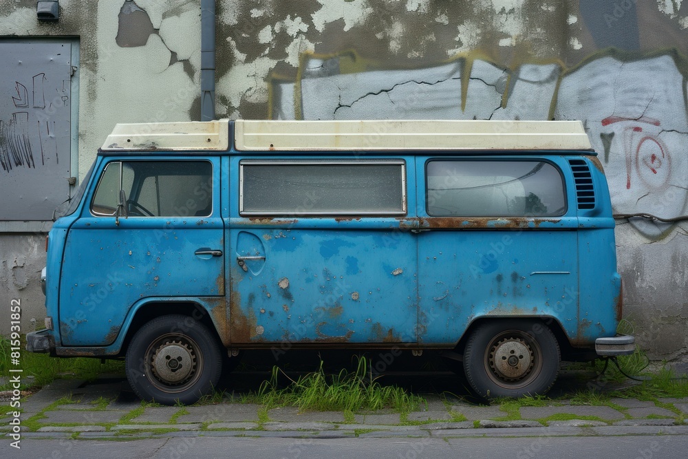 Weathered blue van with rust and graffiti sits forgotten by a city wall Weathered blue van with rust and graffiti sits forgotten by a city wall