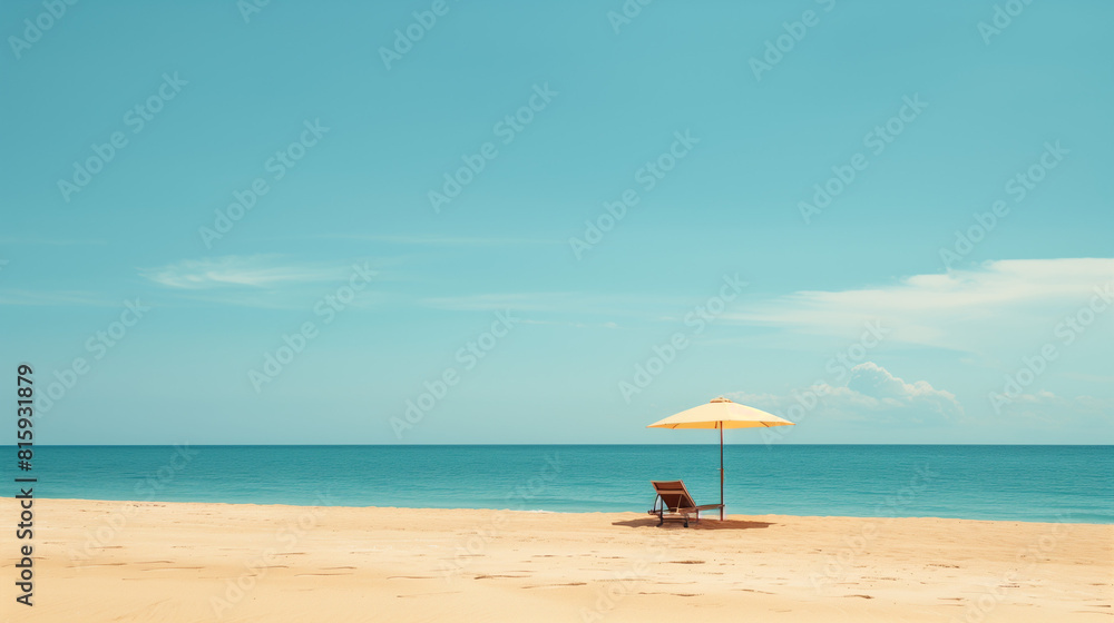 Minimalist summer scene with a solitary beach umbrella and lounge chair on golden sand, against a calm blue ocean and clear sky.
Minimalist summer scene with a solitary beach umbrella and lounge chair on golden sand, against a calm blue ocean and clear sky.