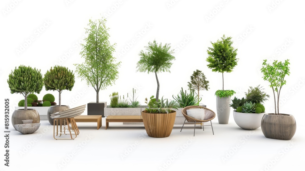 Fototapeta premium diverse collection of modern outdoor seating and tree planters isolated on white