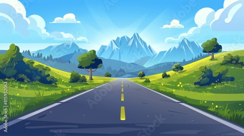 Straight highway disappears through mountain landscape, surrounded by green fields under blue clouds on summer day. Cartoon illustration with a markup or tire trails. photo