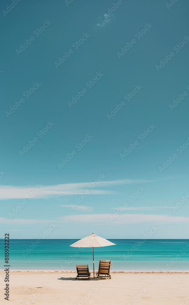 Minimalist summer scene with a solitary beach umbrella and lounge chair on golden sand, against a calm blue ocean and clear sky.
