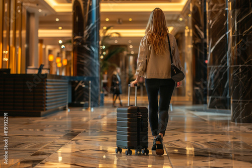 woman walking through a hotel lobby with luggage, Woman with luggage, seemingly in a hotel corridor, possibly checking in or out, or searching for their room, illustrating travel