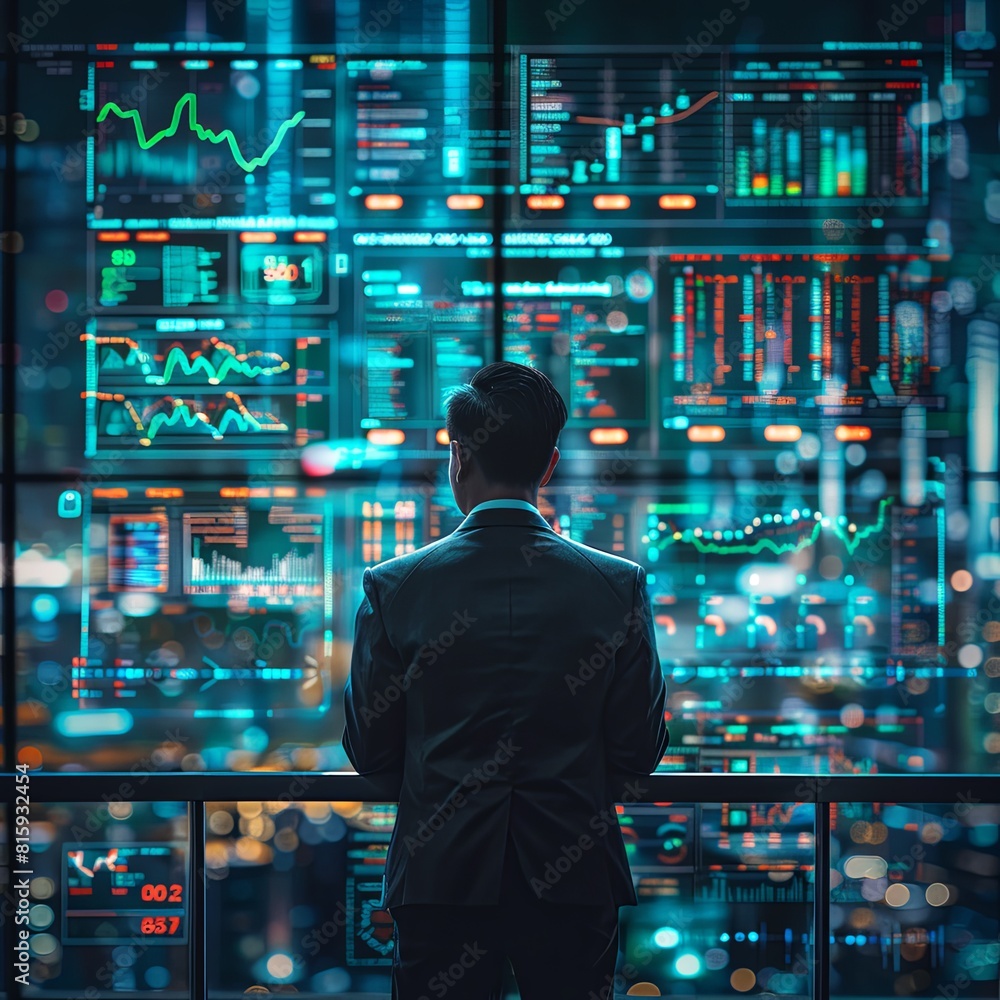 Businessman looking at financial data on a digital display. Businessman looking at financial data on a digital display.