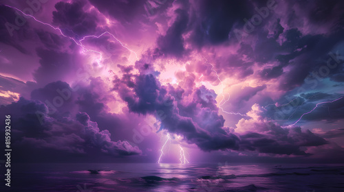 a bunch of lightning flashes in a purple sky, purple lightning streaks against a dark cloud in the sky.