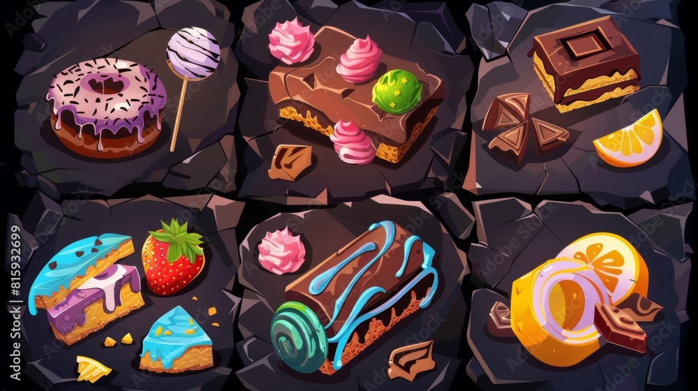 Candy game icons cartoon crushed sweets with bites and crumbles. Includes chocolate truffle, praline, caramel, lollipop, toffee, cake, donut, sandwich cookie and lemon slice, ui modern elements.