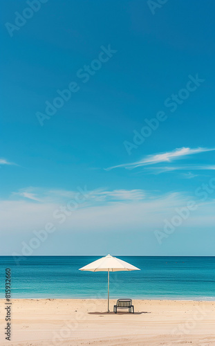 Minimalist summer scene with a solitary beach umbrella and lounge chair on golden sand, against a calm blue ocean and clear sky. 
