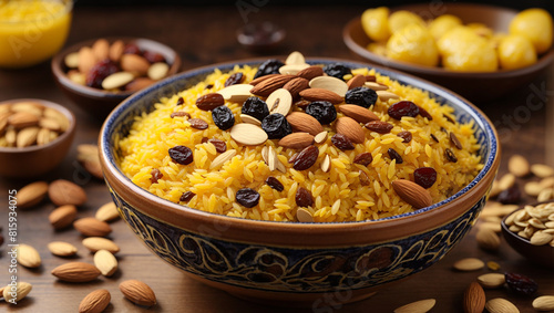 This image shows a bowl of yellow rice with raisins and almonds on a table. photo