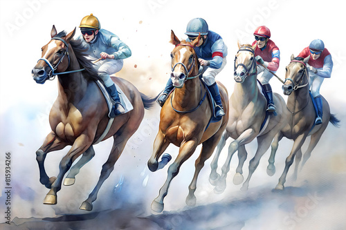 Galloping race horses in racing competition. Watercolor. Jockeys on racing horses. Sport. Champion. Hippodrome. Equestrian. Derby. Speed