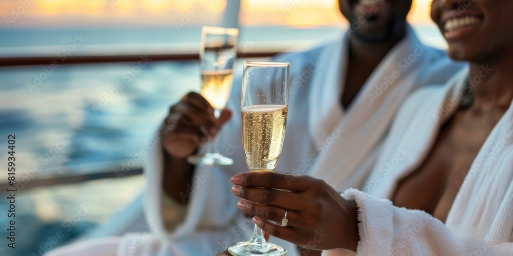 woman and man on cruise ship deck holding champagne flutes in romantic ...