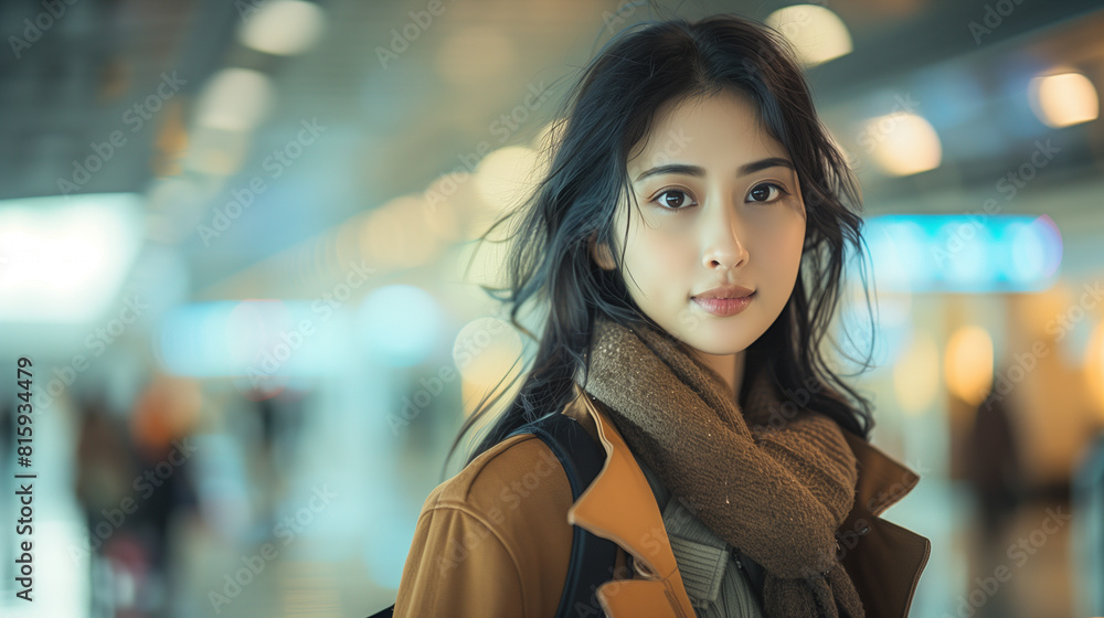 A close-up portrait of a young Asian woman in an airport reflects her fashionable travel spirit and the aesthetics of Asian culture. A close-up portrait of a young Asian woman in an airport reflects her fashionable travel spirit and the aesthetics of Asian culture.