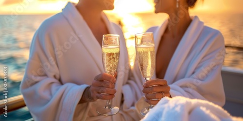 woman and man on cruise ship deck holding champagne flutes in romantic sunset. smiling couple in white hotel bath robes sailing on luxury yacht. family sea travel vacation, spa wellness concept photo