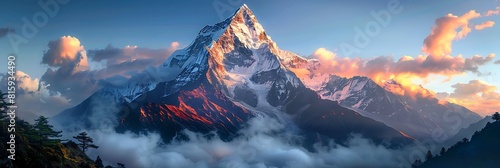 Mountain, a natural marvel, rises majestically into the boundless azure expanse, Located in a remote corner of the world, this enchanting peak stands as a symbol of untouched wilderness photo